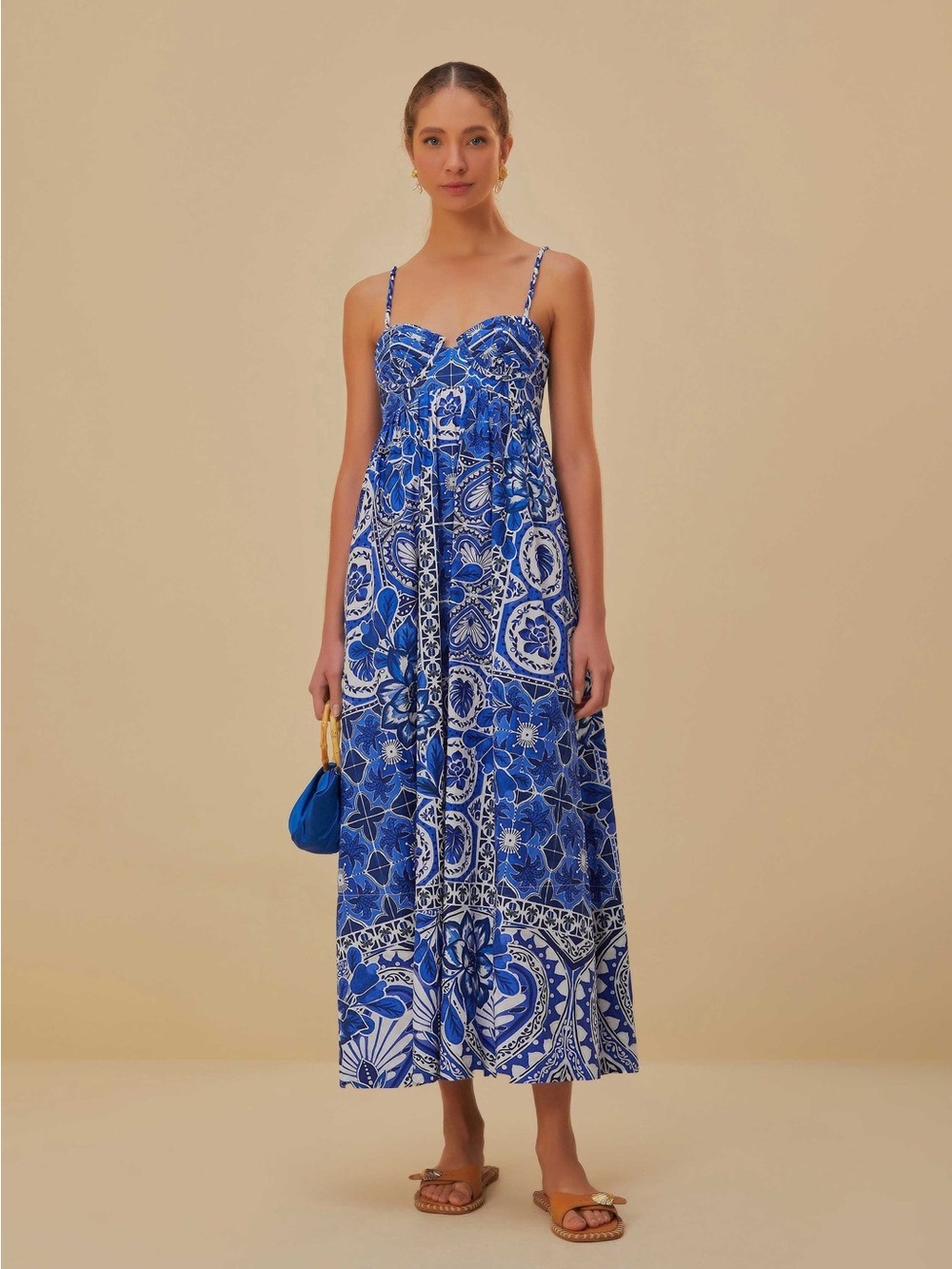 Farm Rio Blue Tile Dream Sleeveless Maxi Dress
